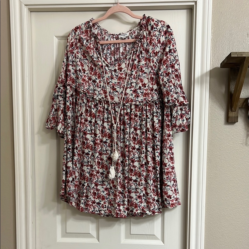 Umgee Red and Pink Ruffled 3/4 Sleeve Blouse